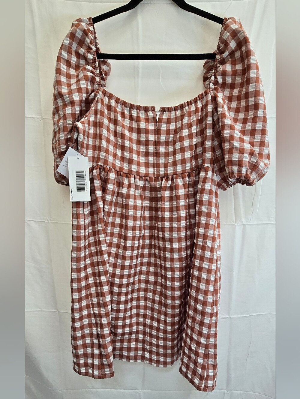 JustFab XL Gingham Puff Sleeve Dress Rust White NWT Cottagecore - Picture 2 of 5